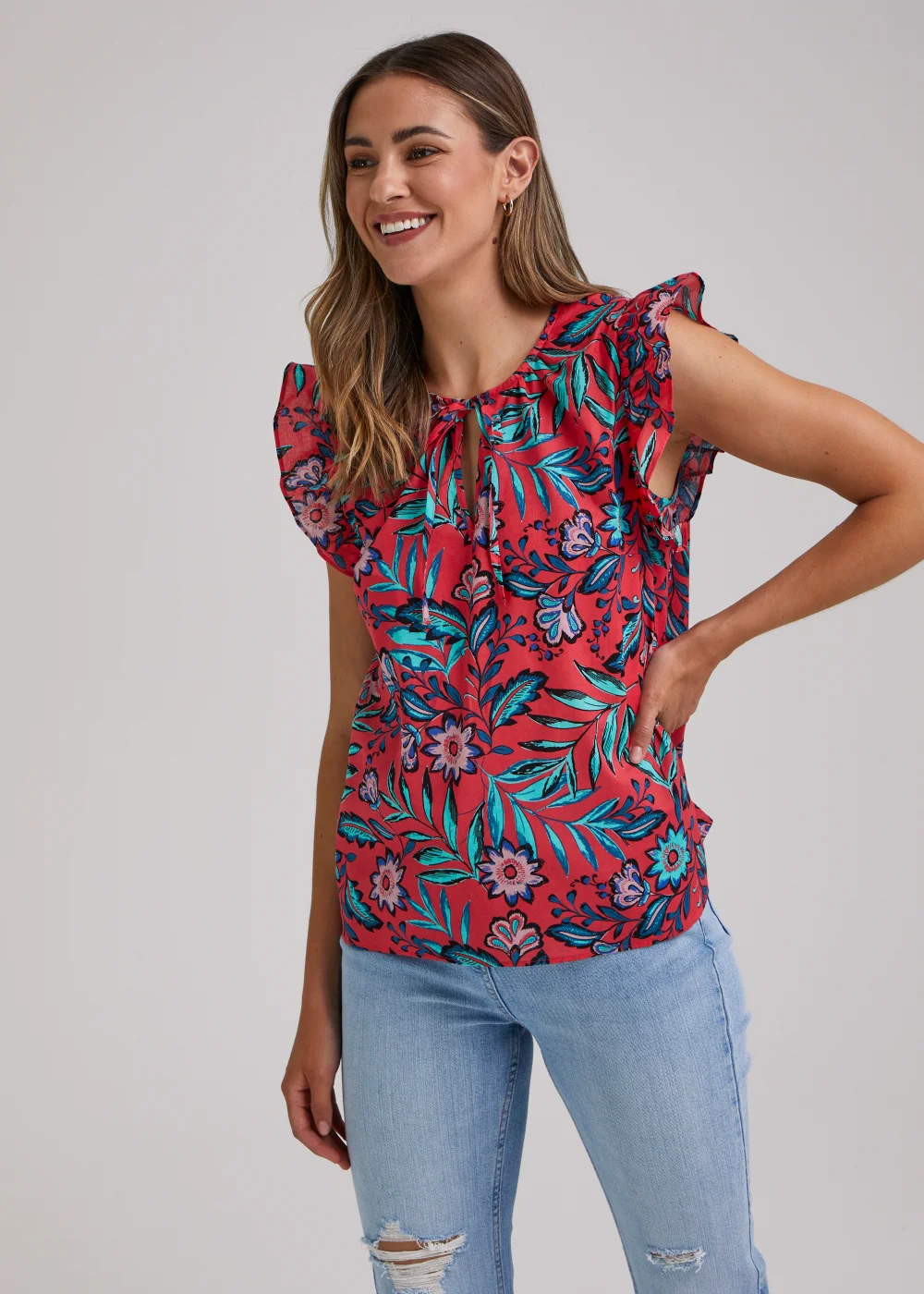 Red Leaf Print Frill Top - Size 8 Image 1
