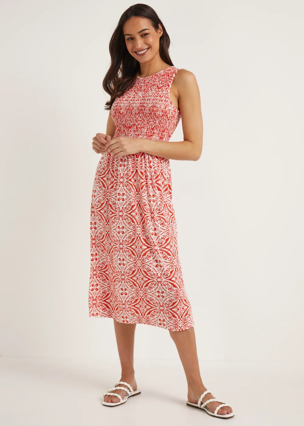 Orange Geo Shirred Sleeveless Midi Dress - 8 Image 1