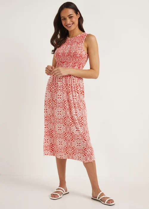 Orange Geo Shirred Sleeveless Midi Dress - 8 Image 1