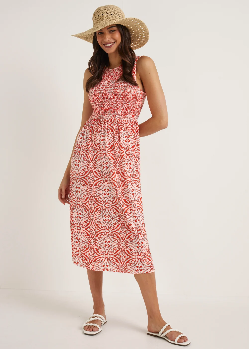 Orange Geo Shirred Sleeveless Midi Dress - 8 Image 4