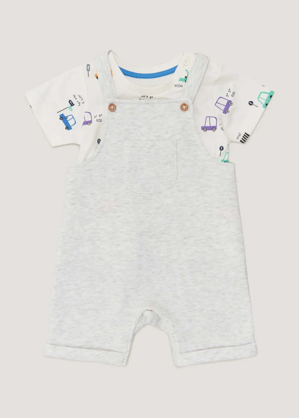 Baby Grey Car Print Dungarees & T-Shirt Set (Newborn-23mths) - Age 0 - 3 Months Image 1