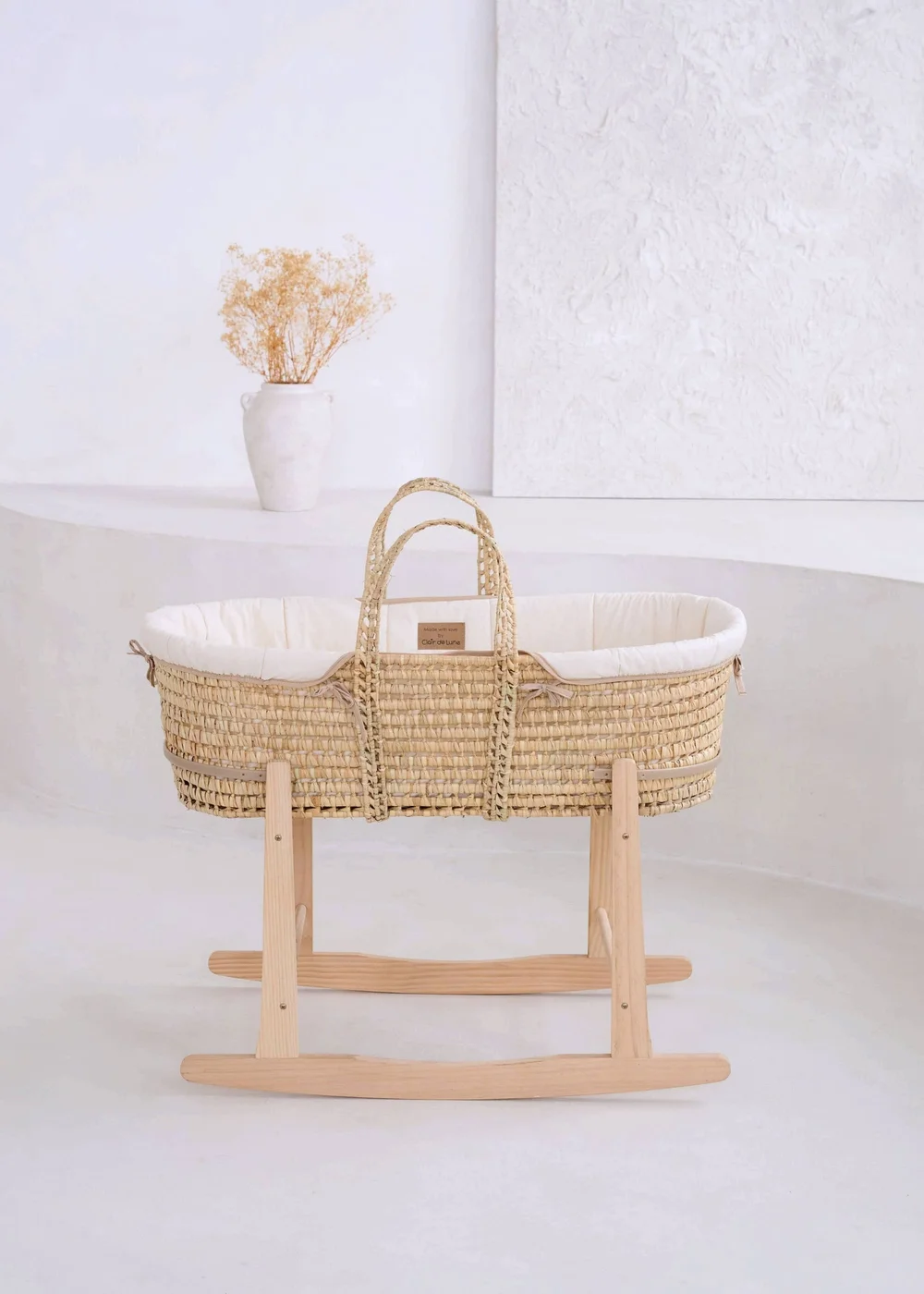 Clair de Lune Cream Organic Palm Moses Basket with Rocking Stand - No Size Image 1
