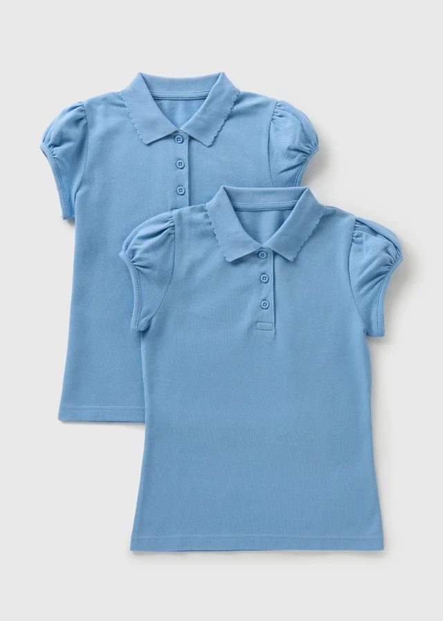 2 Pack Girls Light Blue Scallop Collar School Polo Shirts (3-13yrs)