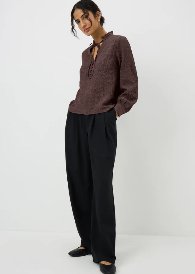 Chocolate Brown Textured High Neck Blouse
