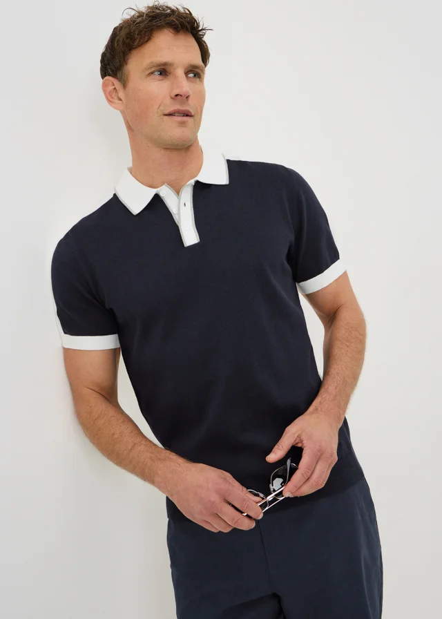 Navy Colour Block Knitted Polo Shirt