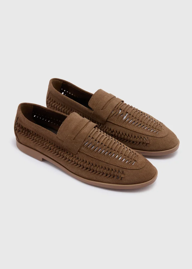 Tan Real Suede Braided Loafers