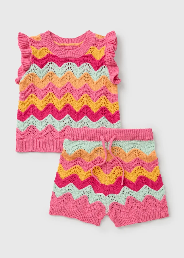 Girls Pink Stripe Knitted Top & Short Set (1-7yrs)