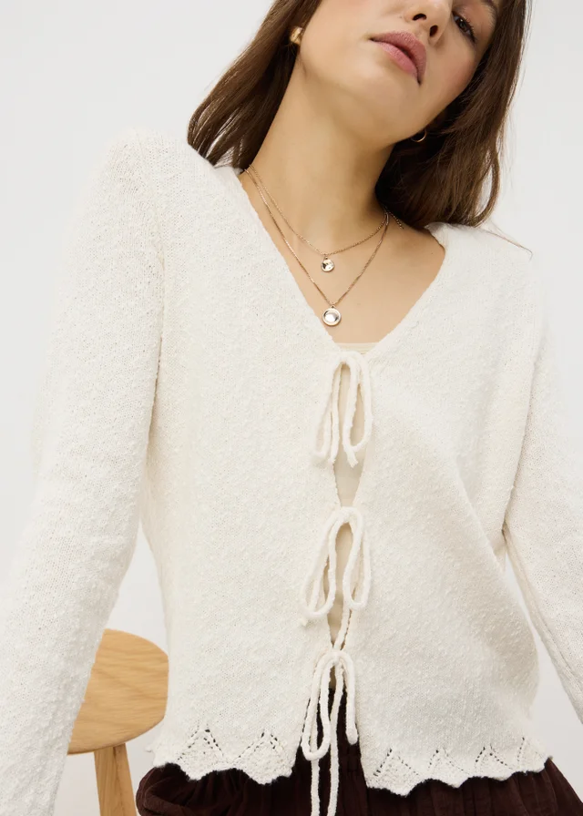 Cream Textured Tie Front Cardigan