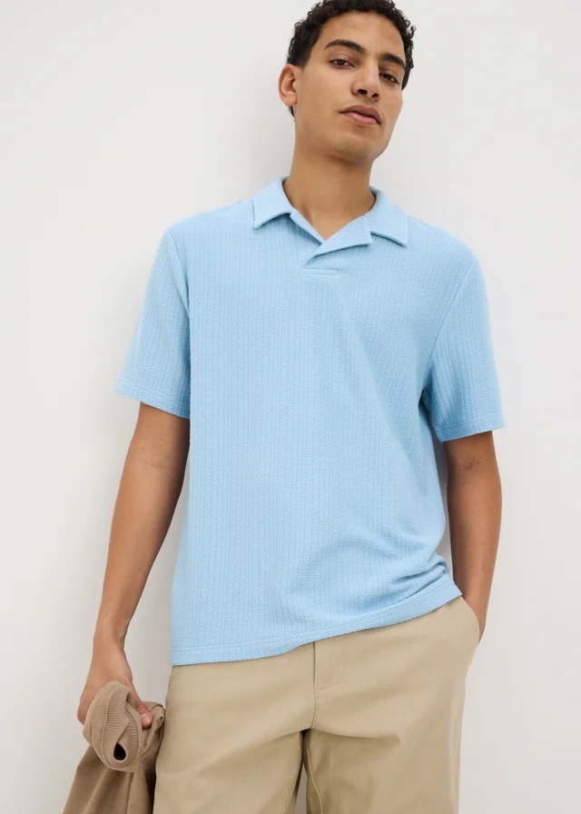 Blue Textured Knitted Polo Shirt