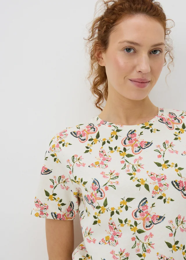 White Butterfly Print Cuffed Pyjama Set