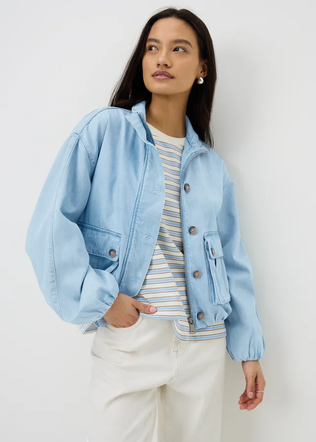 Blue Denim Funnel Neck Utility Jacket