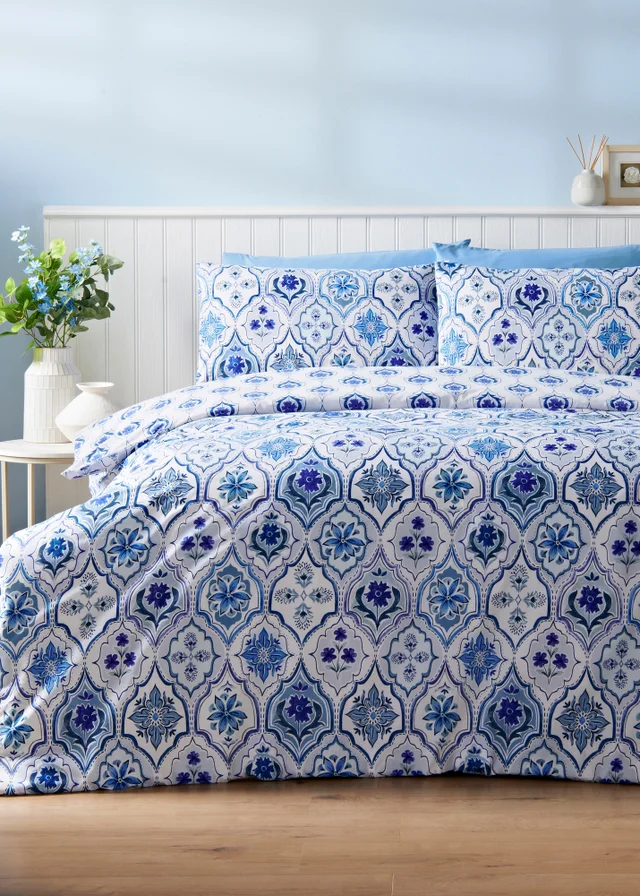 Blue Folk Tile Duvet Set