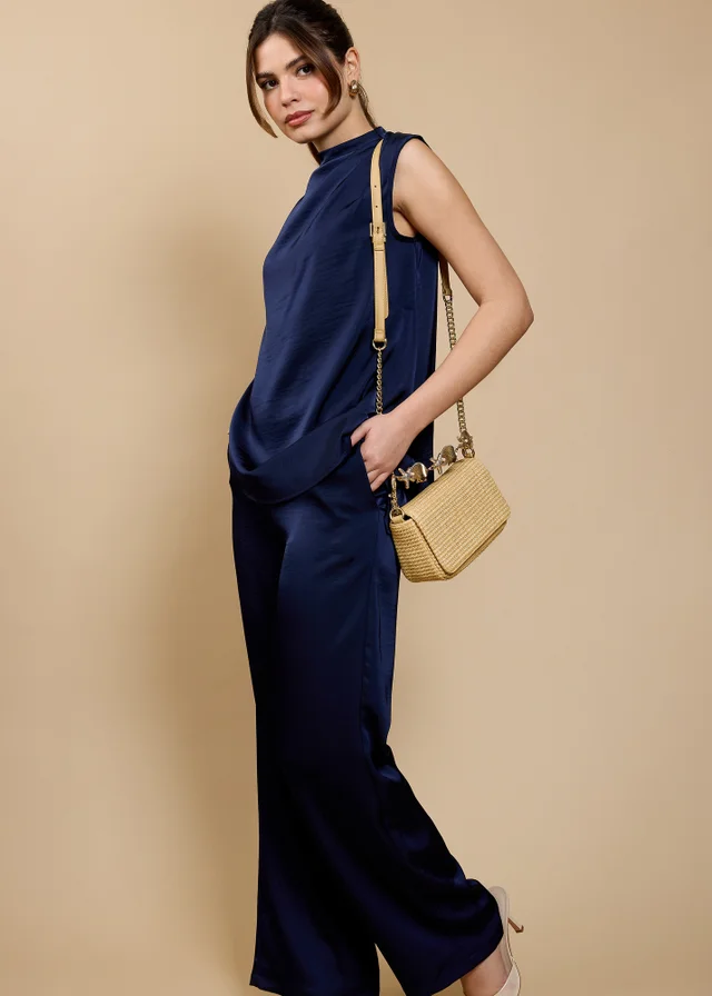Little Mistress Navy Satin Wide Leg Trousers by Vicky Pattison
