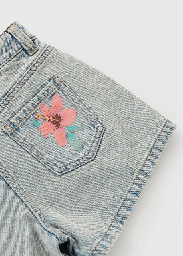 Girls Light Blue Hibiscus Flower Denim Shorts (7-15yrs)