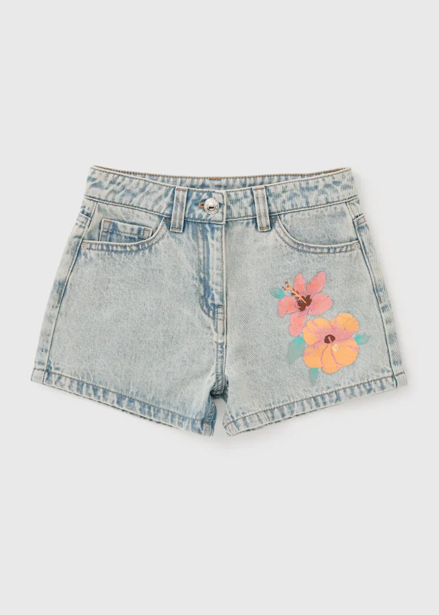 Girls Light Blue Hibiscus Flower Denim Shorts (7-15yrs)