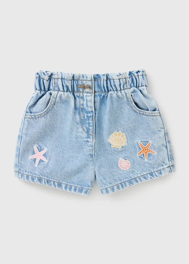 Girls Blue Shell Embroidered Denim Shorts (1-7yrs)