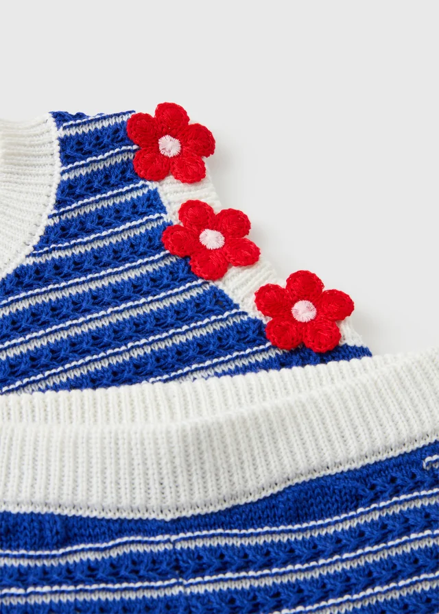 Girls Blue Stripe Flower Knit Vest & Short Set (1-7yrs)