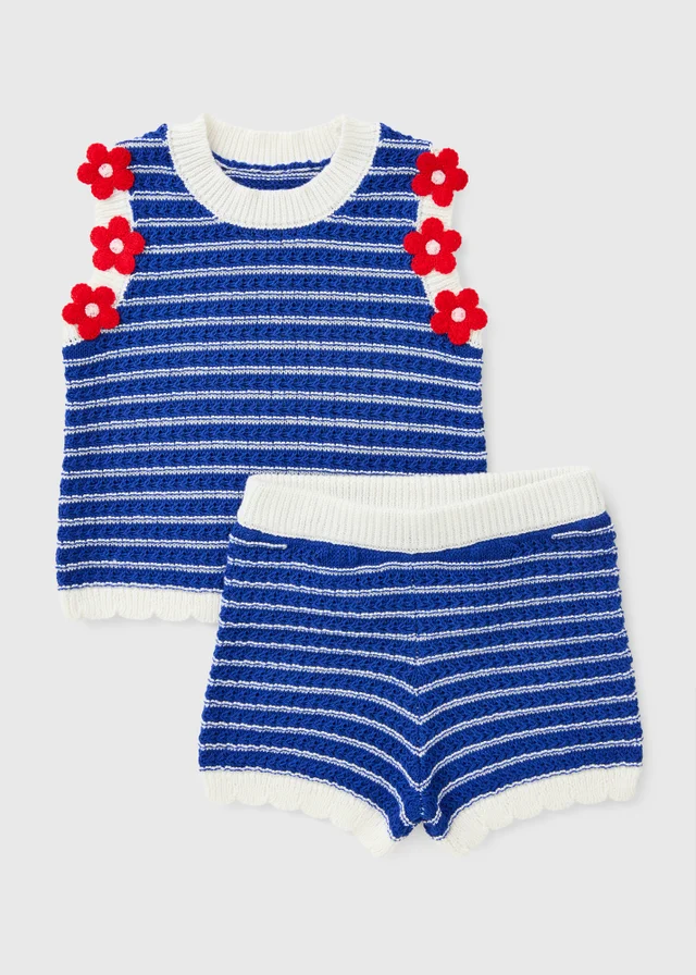 Girls Blue Stripe Flower Knit Vest & Short Set (1-7yrs)