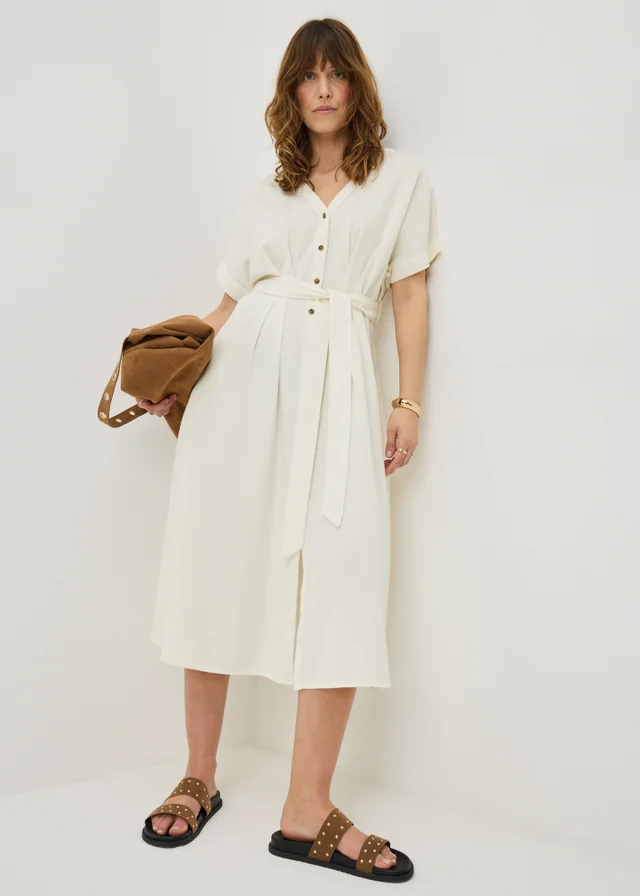 Ecru Denim Belted Shirt Midi Dress