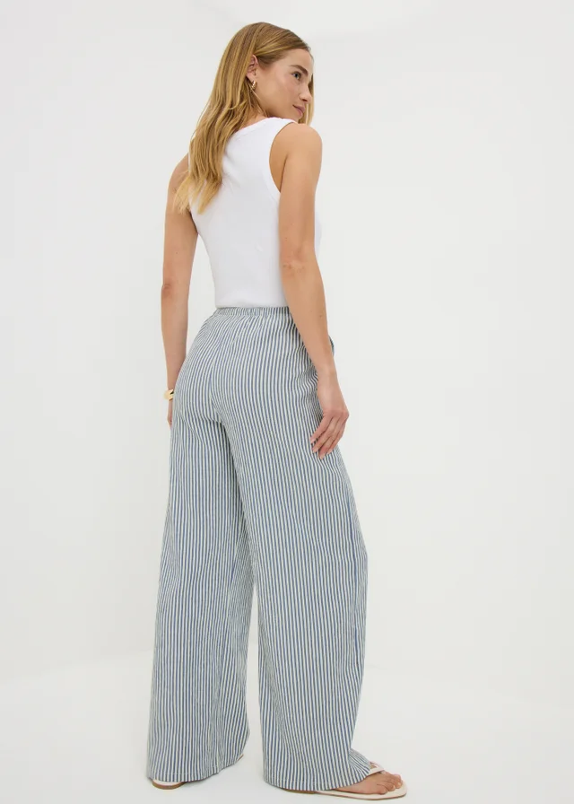 Blue Stripe Seersucker Wide Leg Trousers