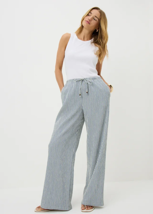 Blue Stripe Seersucker Wide Leg Trousers