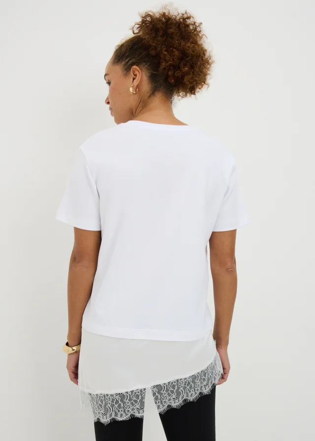 White Satin Lace Hem T-Shirt