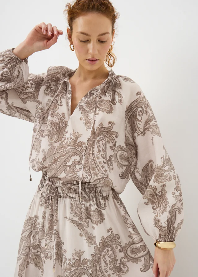 Nude Pink Paisley Tie Neck Co Ord Blouse