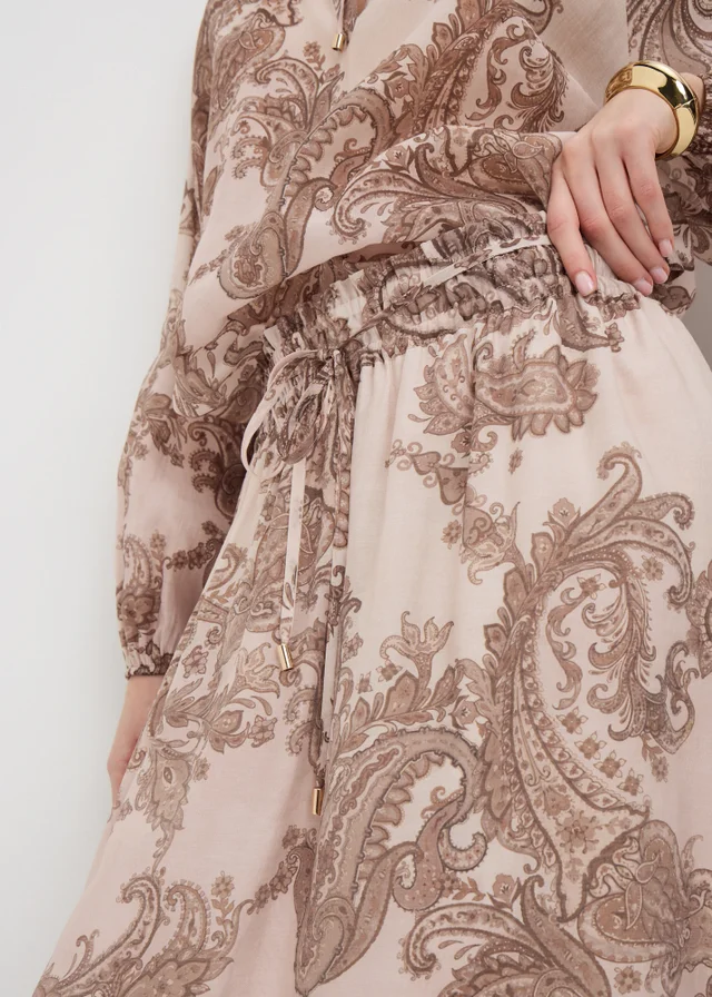 Nude Pink Paisley Shirred Maxi Co Ord Skirt