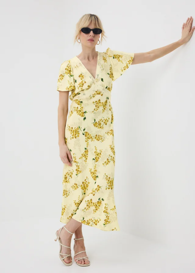Yellow Floral Lace Midi Tea Dress