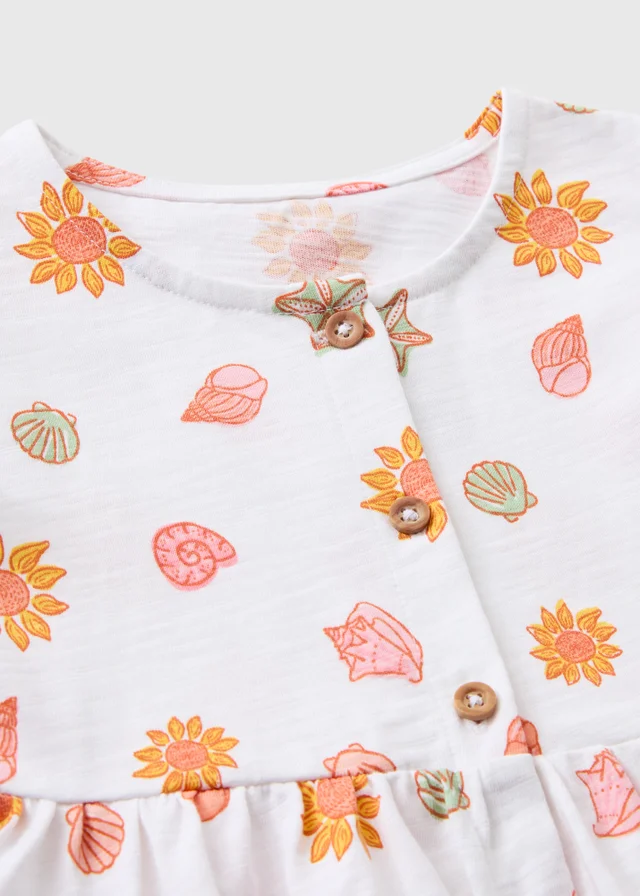 Girls White Shell Flower Button Dress (1-7yrs)