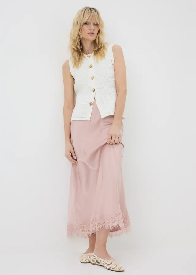 Pink Satin Lace Trim Maxi Skirt