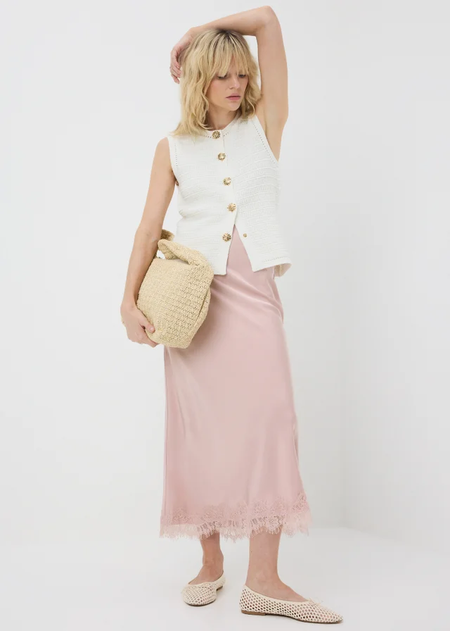 Pink Satin Lace Trim Maxi Skirt