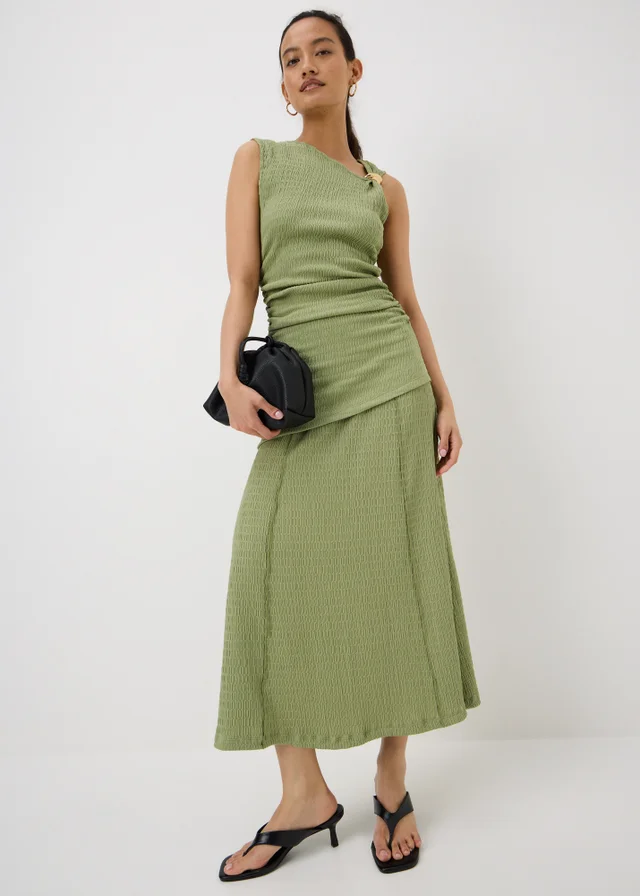 Olive Textured Asymmetric Sleeveless Co Ord Top
