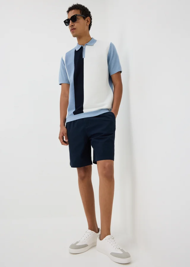 Blue Colour Block Zip Knitted Polo Shirt