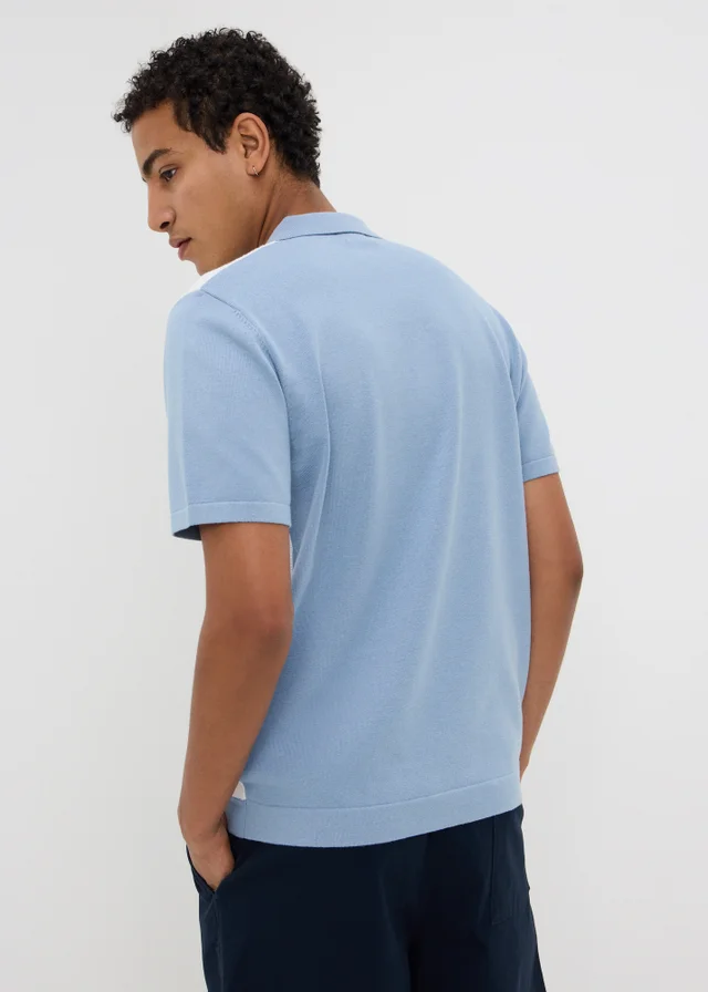 Blue Colour Block Zip Knitted Polo Shirt