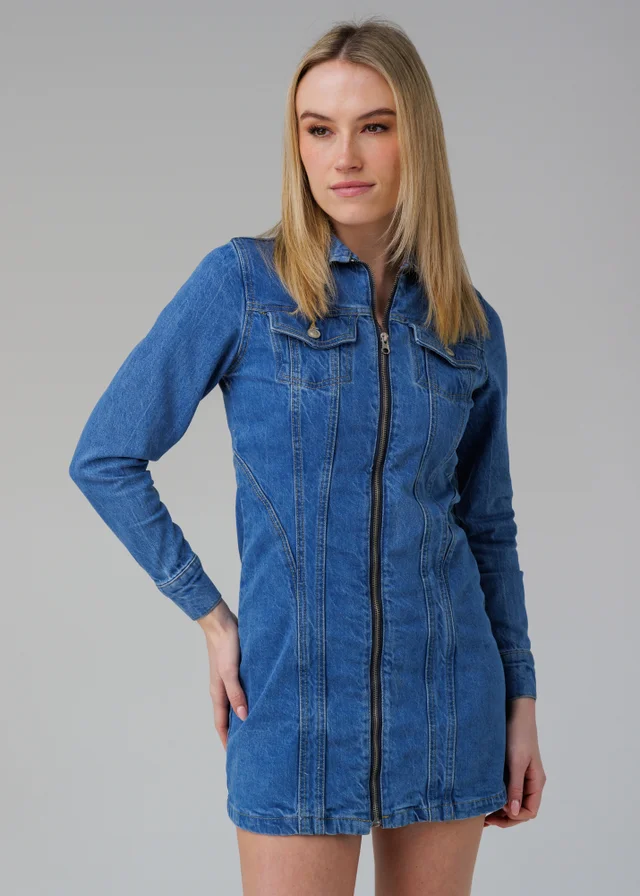 Influence Blue Cotton Long Sleeve Zip Fastening Collared Denim Mini Dress