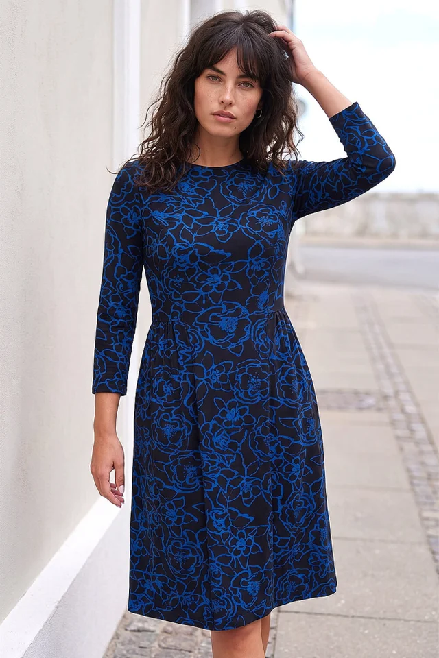 Roman Blue Floral Side Ruched Dress